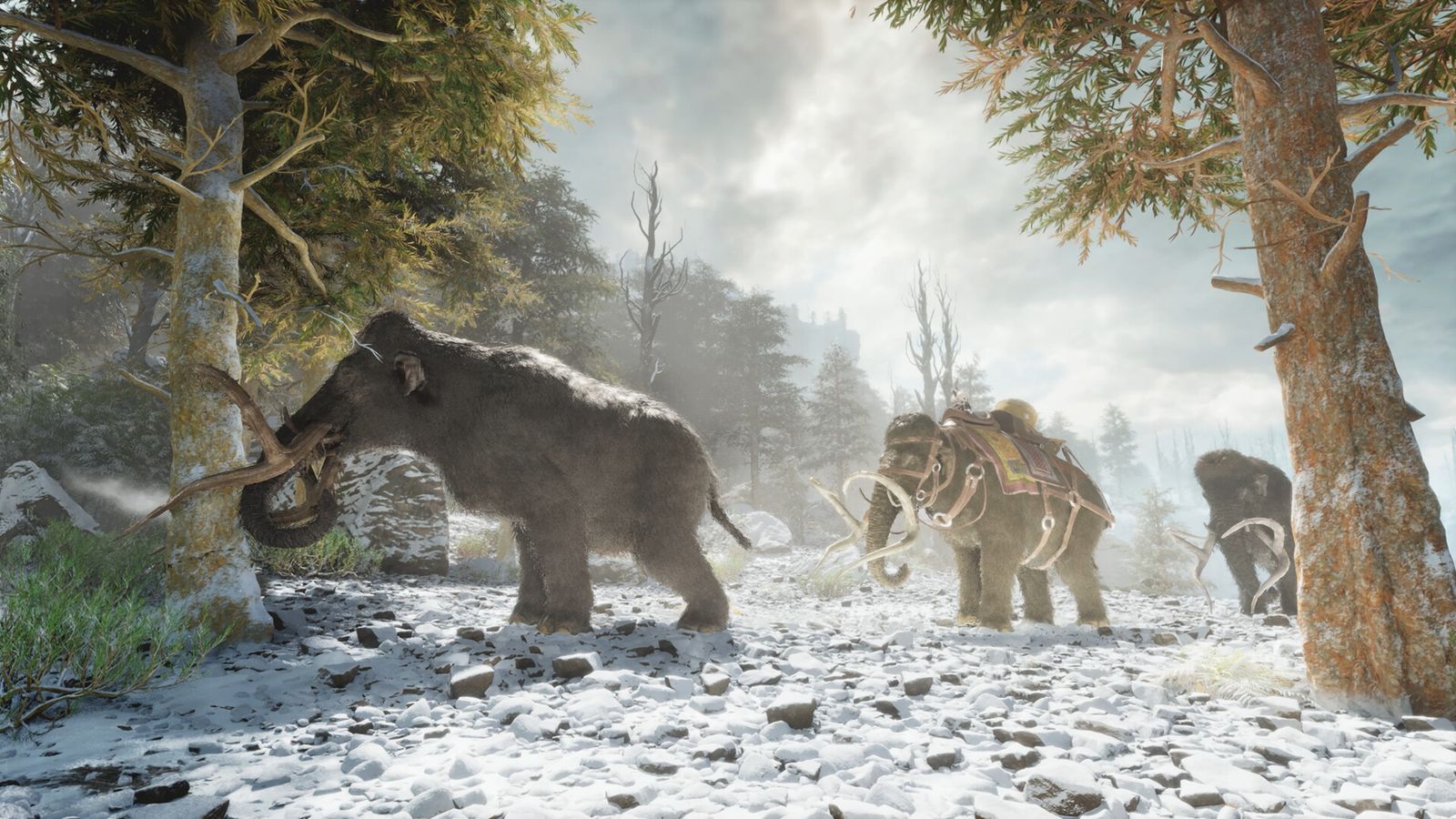 Tamed dinosaurs near a base in ARK: Survival Ascended