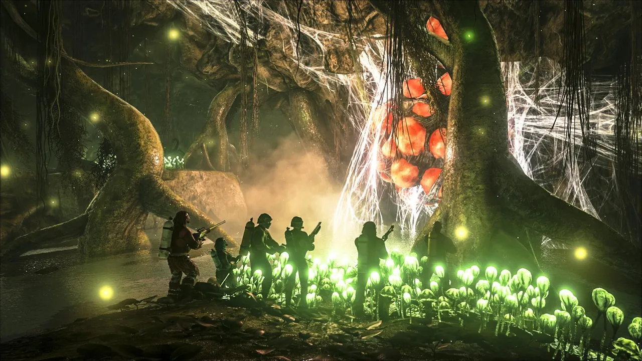 A tribe with tamed dinosaurs on the grassland of an ARK Survival Evolved map