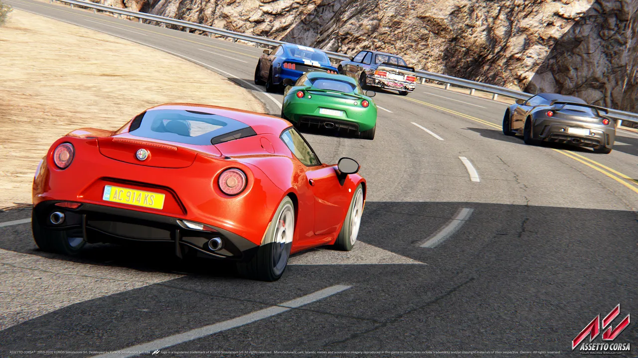 Cars racing side by side through a corner on an Assetto Corsa track