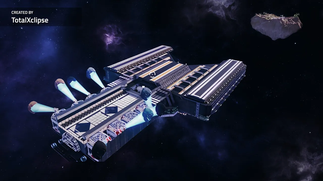 An Astro Colony space station with long conveyor modules and thrusters floating among asteroids