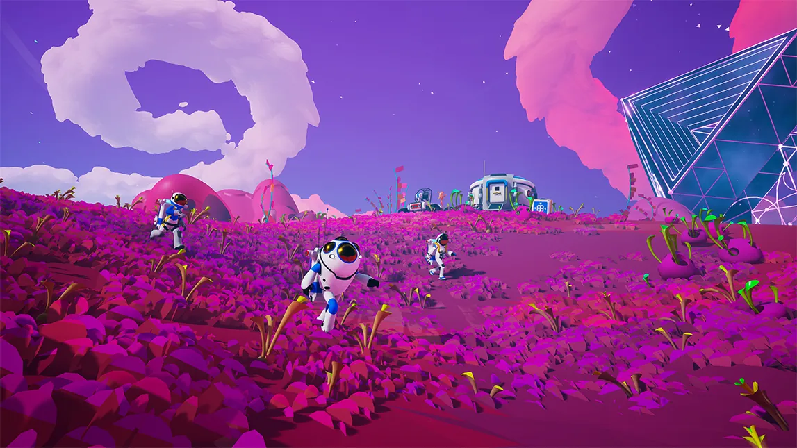 Astroneer players at a base on an alien planet