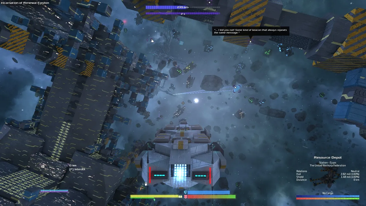 A player ship flying through an asteroid field toward a large block built station in Avorion