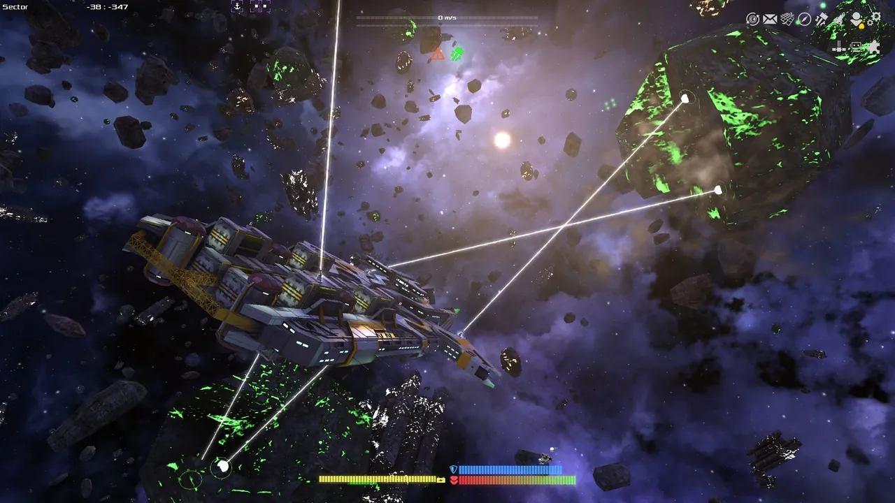 Avorion ships fighting near an asteroid field