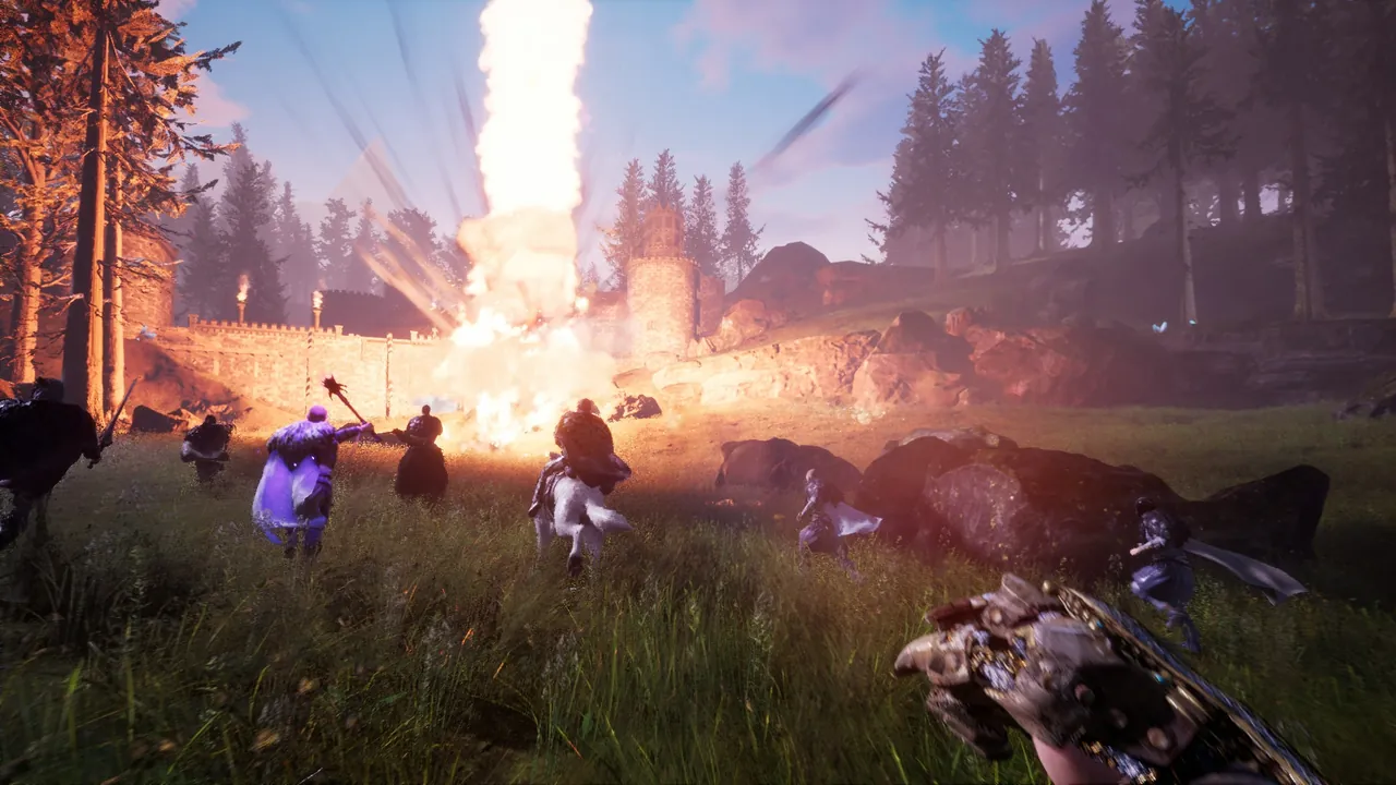 Players casting spells near a castle in Citadel: Forged with Fire