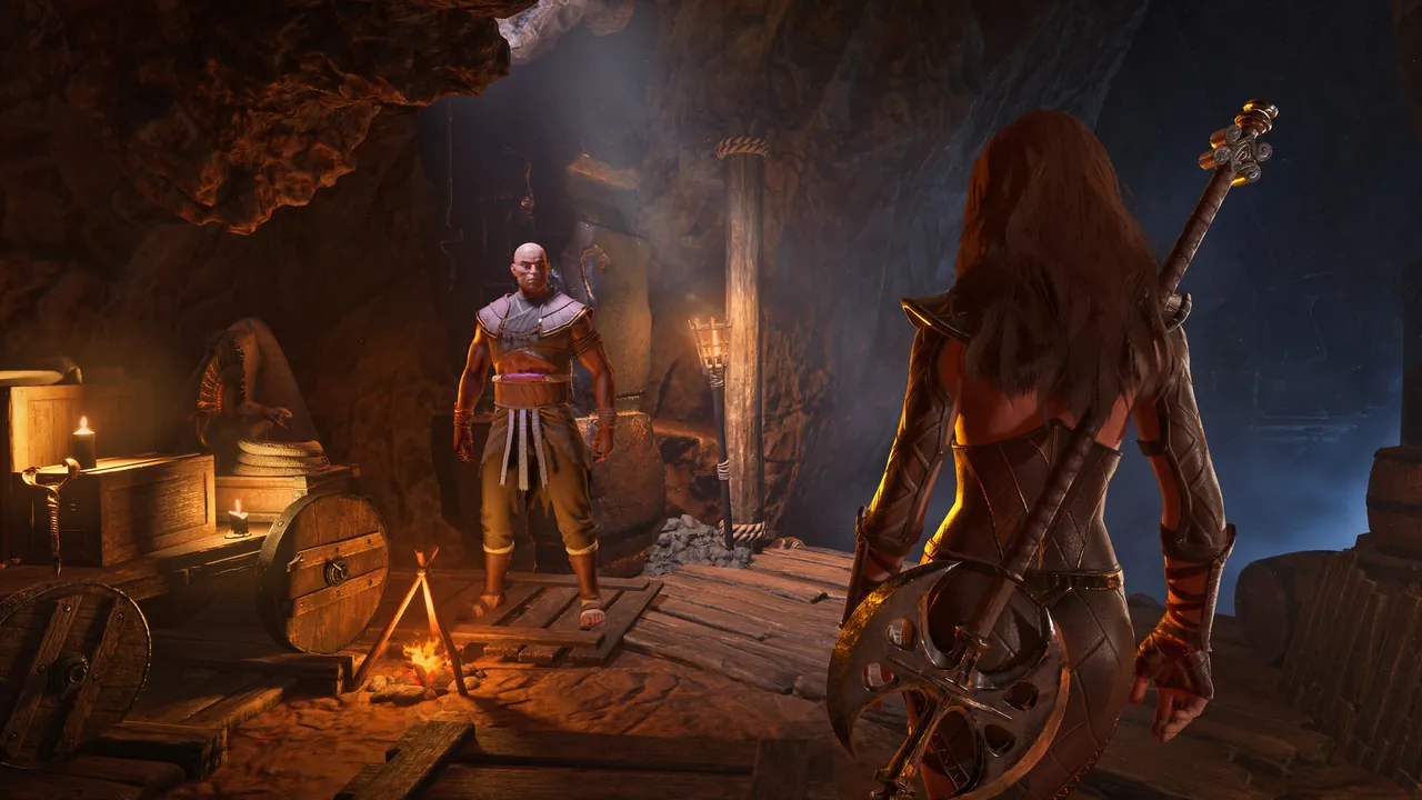A clan fortress on a cliff in Conan Exiles with thralls on guard
