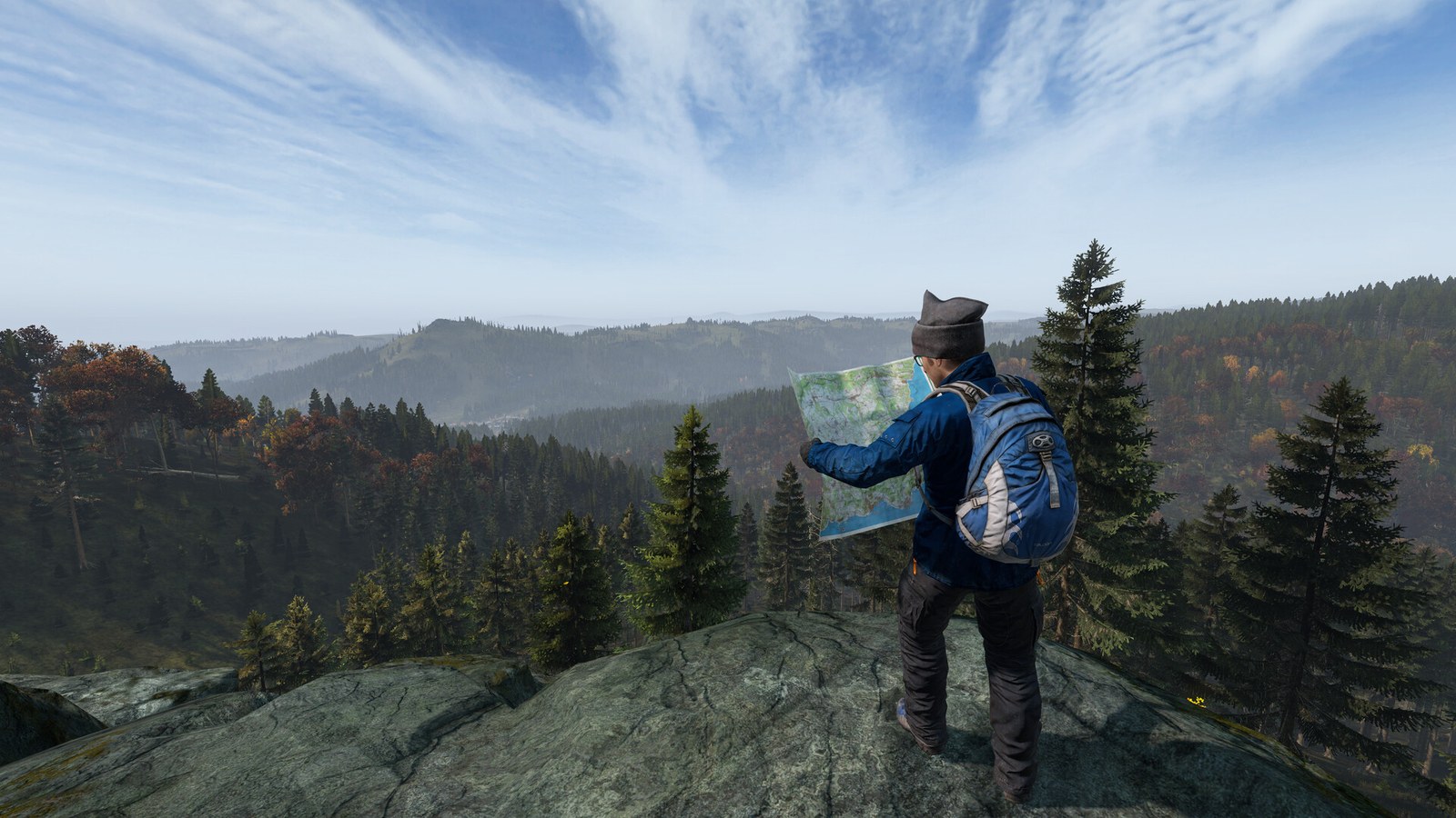 A DayZ survivor walking through a forest