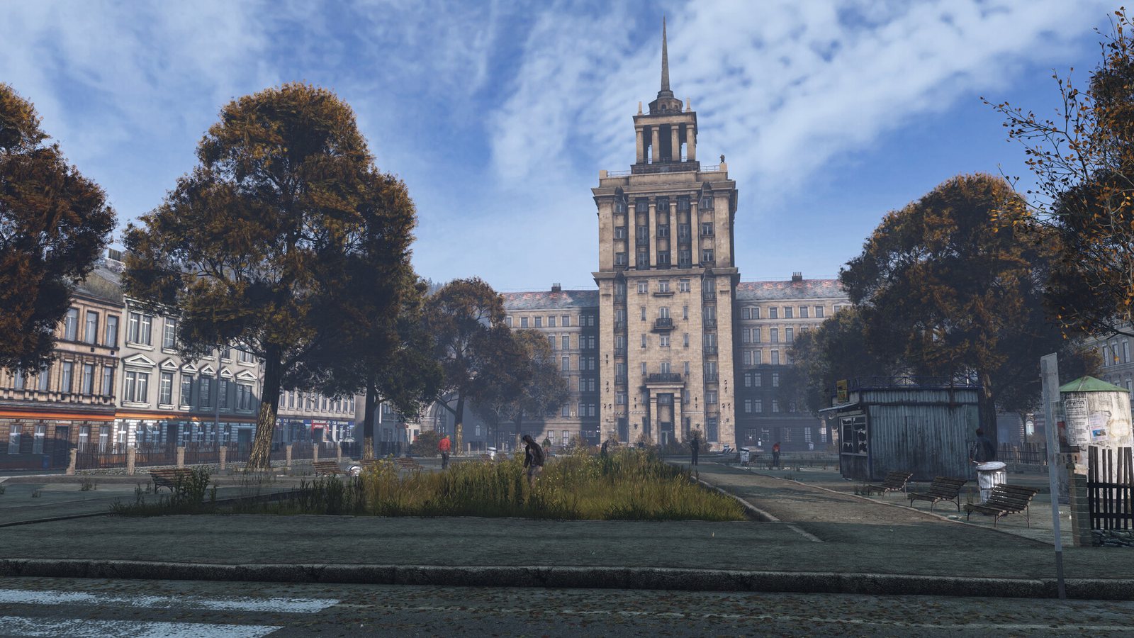 A DayZ survivor scavenging in a town