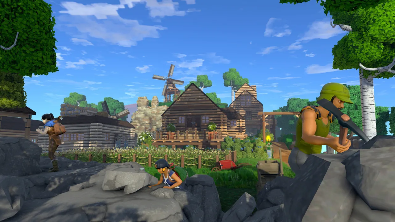 A wide view of an Eco world with forest, water and a growing town