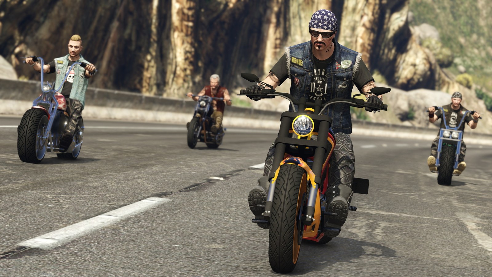 A group of bikers in vests, bandanas and boots riding on a highway in GTA V, the kind of outfits addon clothing packs add