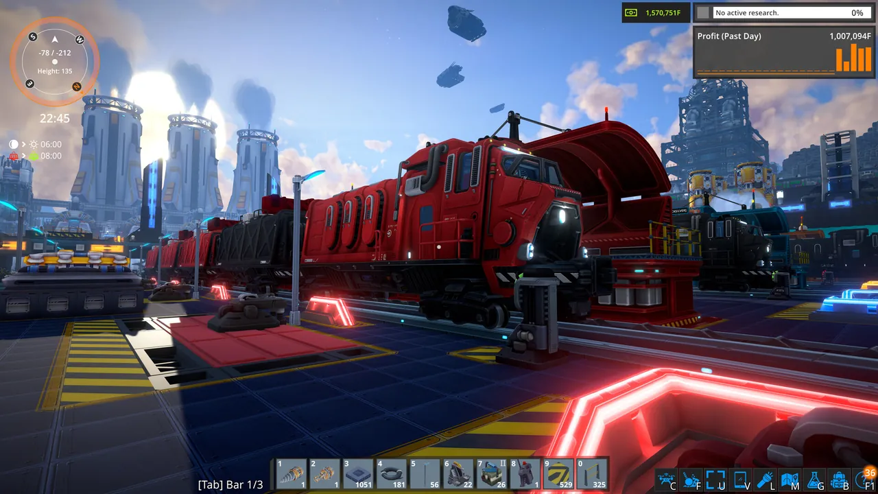 A red FOUNDRY locomotive pulling cargo wagons through a neon lit factory yard
