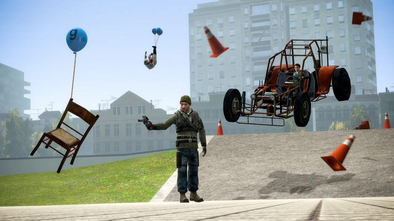 Players building a contraption with physics props in Garry's Mod sandbox