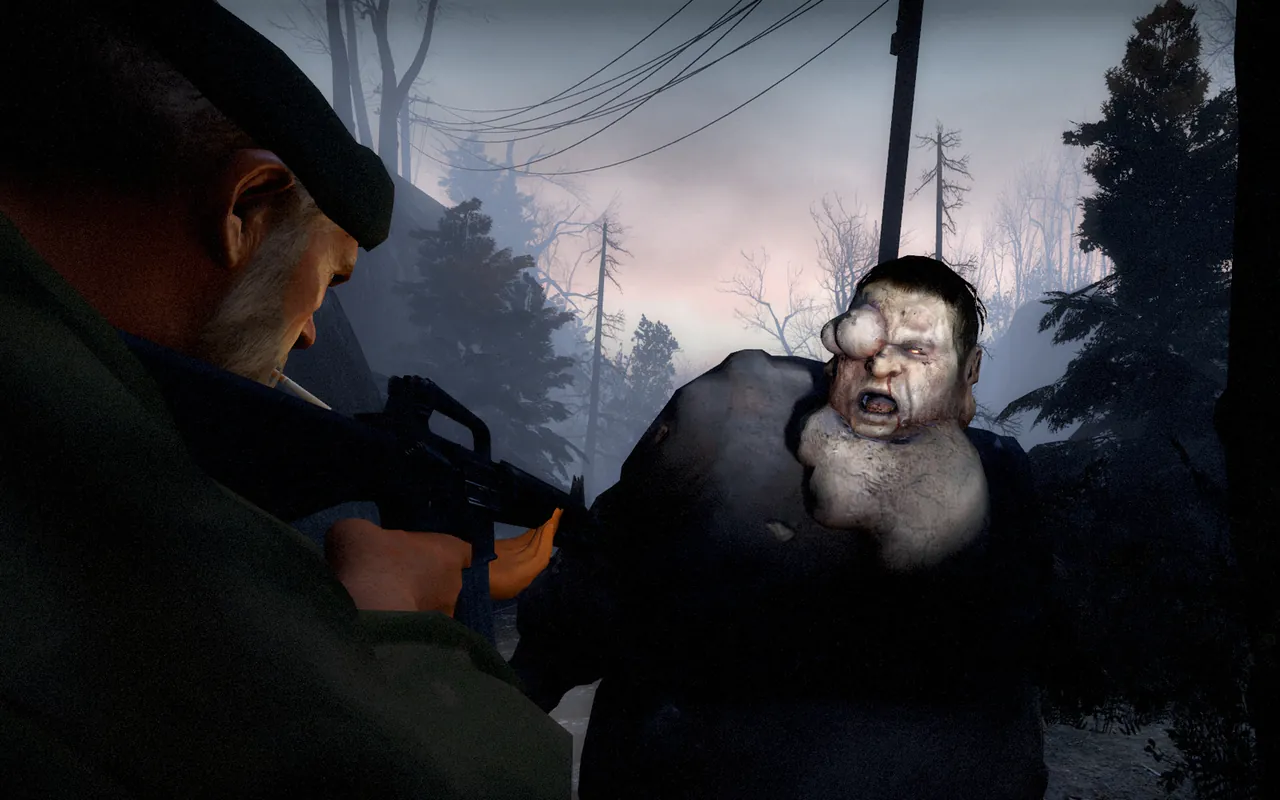Survivors fighting a horde in a dark street in Left 4 Dead