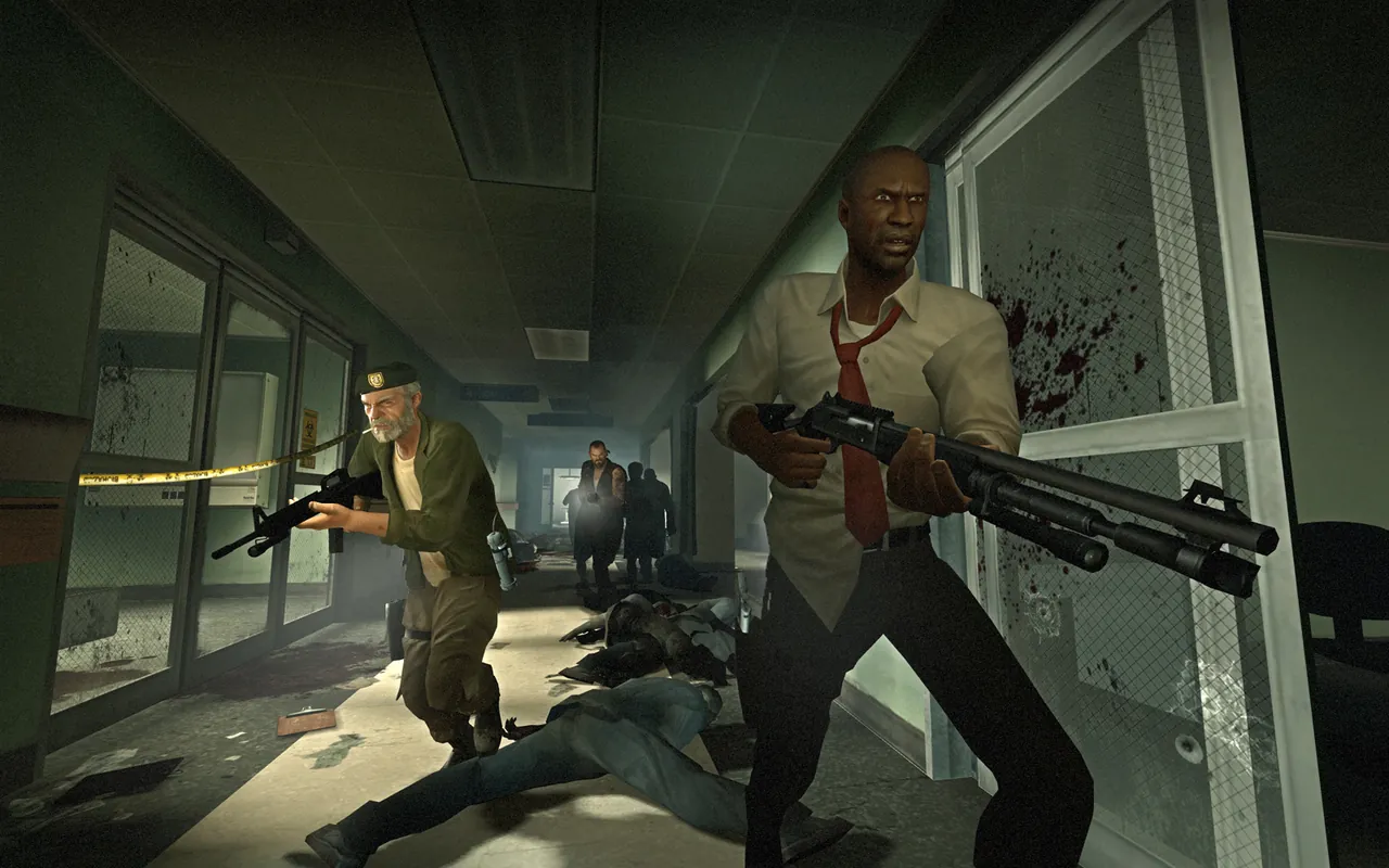 Survivors holding off zombies on a rooftop in Left 4 Dead