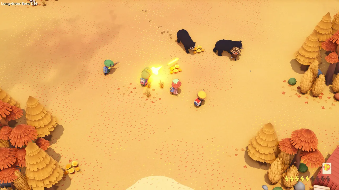 Four Longvinter players gathering mushrooms near two black bears in an autumn forest