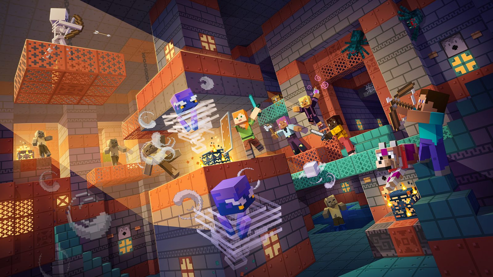 A Minecraft Bedrock landscape at sunset