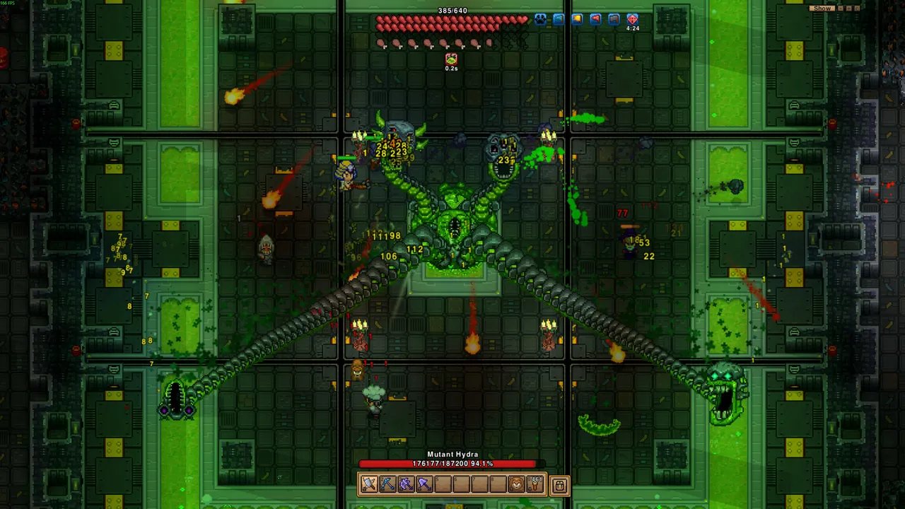 A Necesse settlement with farms and settlers on a dedicated server