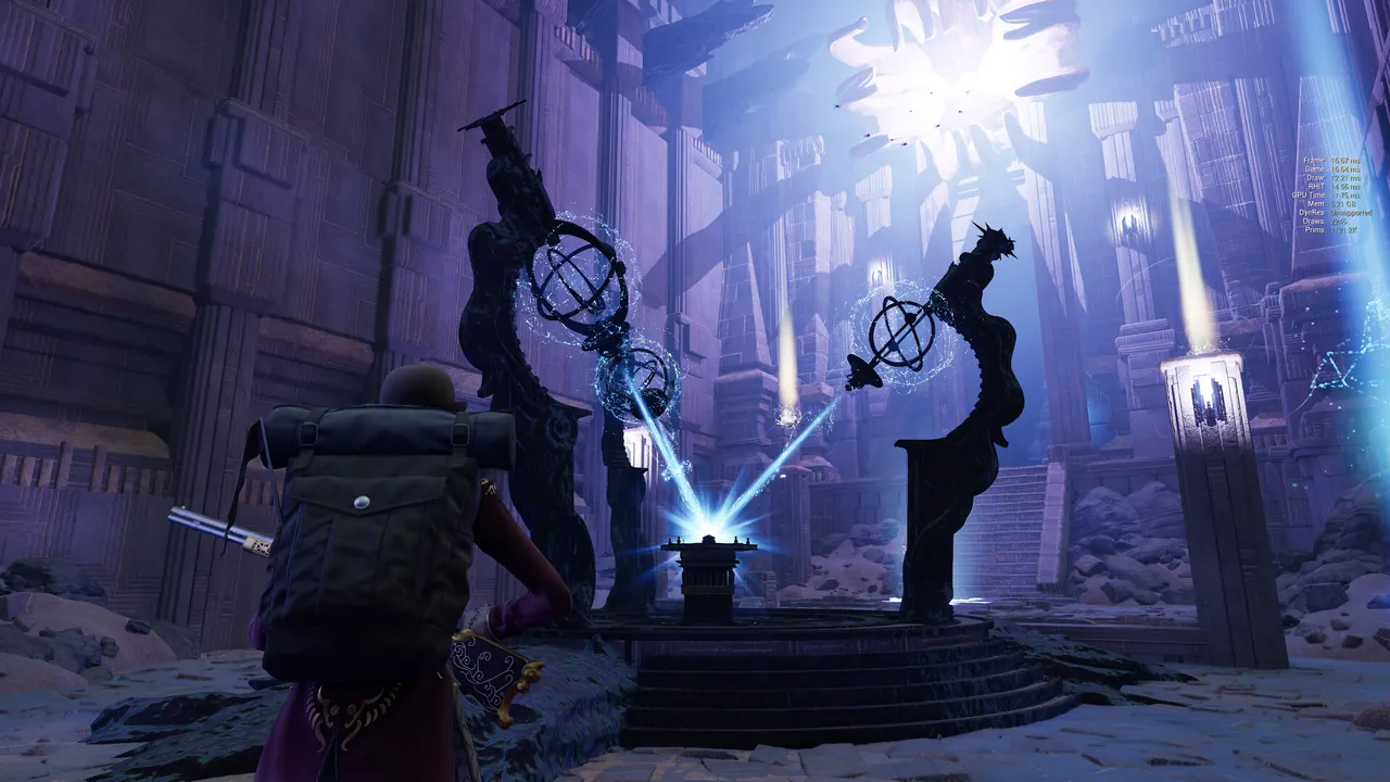 A Nightingale explorer with a backpack standing before a glowing portal device in a stone ruin