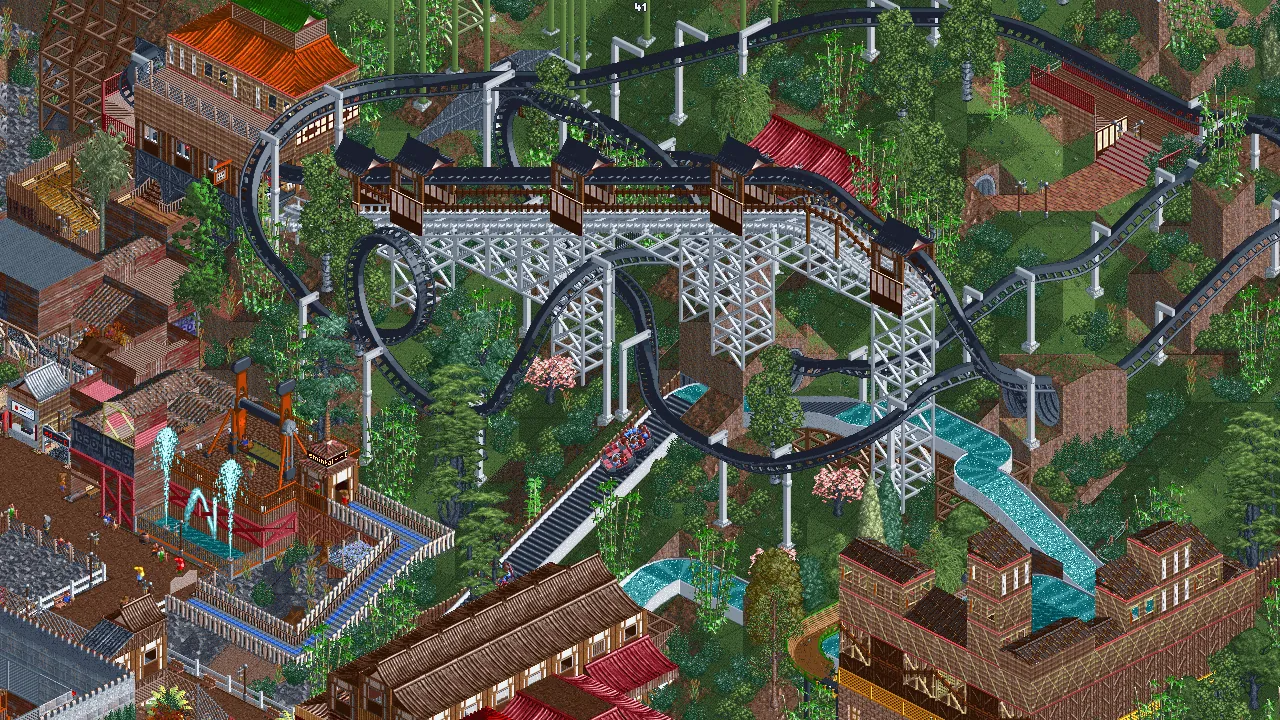 An OpenRCT2 theme park with coasters and crowds