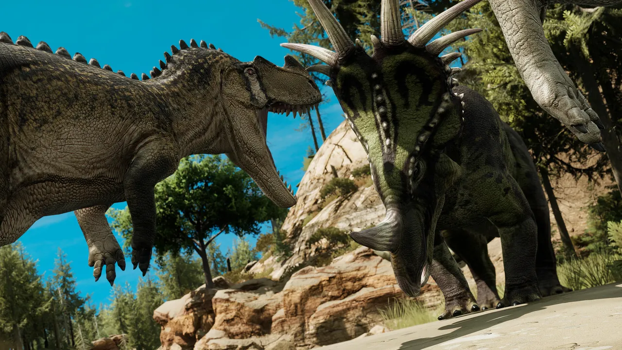 Dinosaurs gathering at a watering hole on a Path of Titans community server
