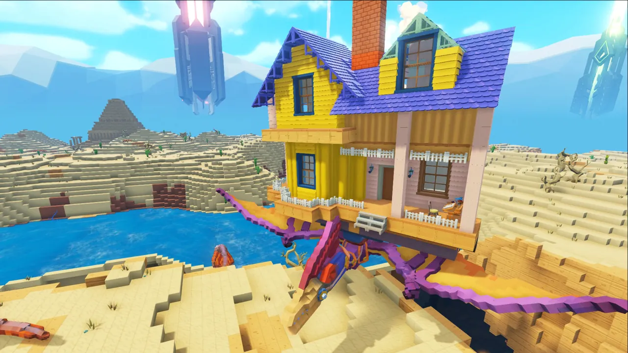 A PixARK voxel house built on a desert cliff by a lake, with a pterodactyl tame perched in front