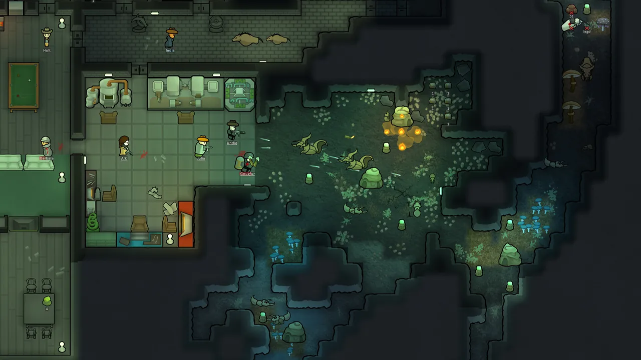 A RimWorld settlement surrounded by wilderness on a shared planet