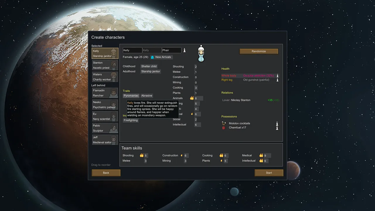 A RimWorld colony base with walls, workshops and fields