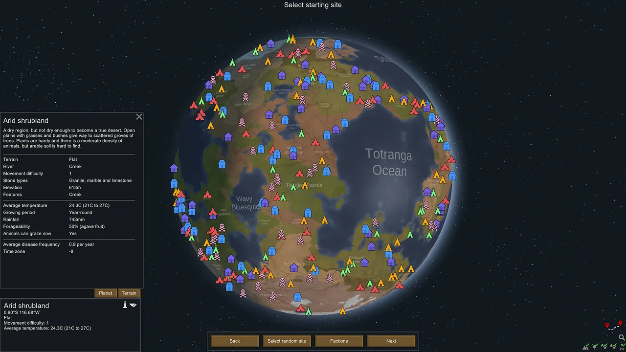 A RimWorld colony's farm and storage area in daylight