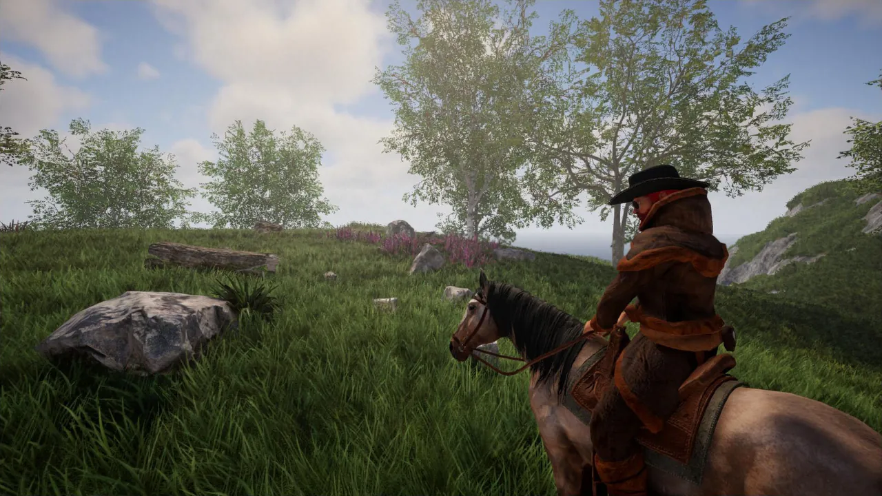 A Rising World player on horseback looking across a grassy hill with birch trees