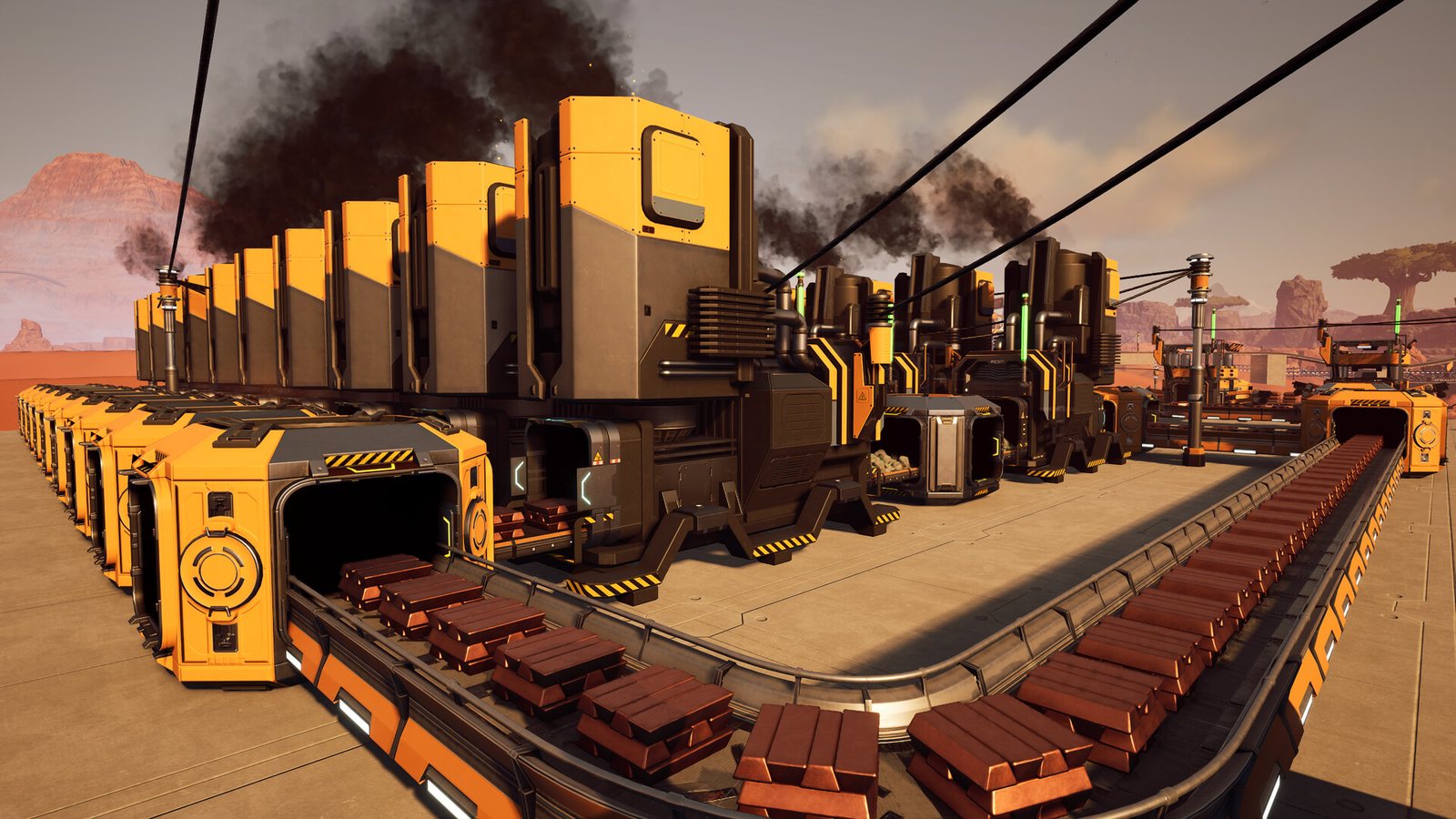 Trains moving cargo across a Satisfactory map