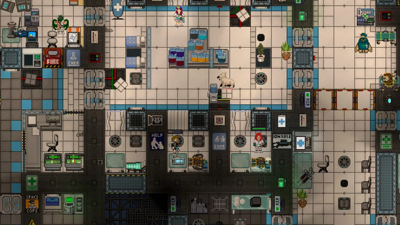 A Space Station 14 station interior with crew in the medical bay and an engineering room full of pipes