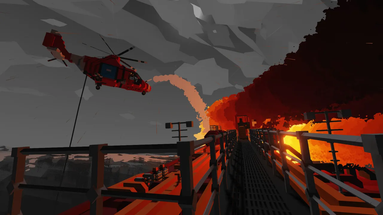 A Stormworks rescue helicopter winching survivors from a burning oil platform at night