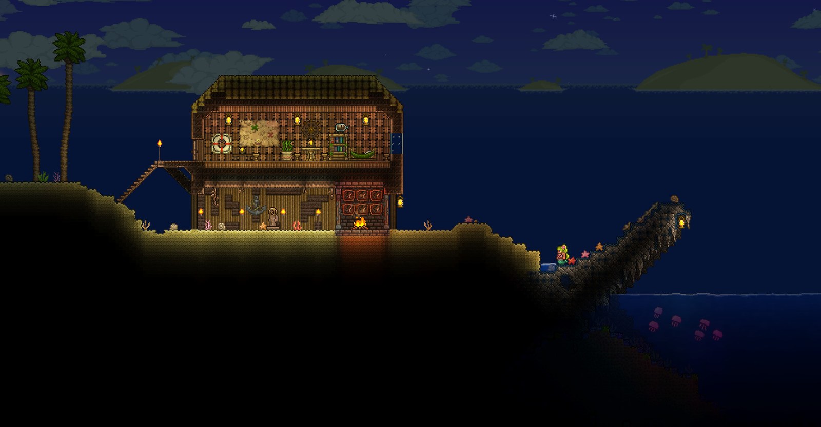 A Terraria world with player built houses and NPCs, the kind of world you keep when switching server type