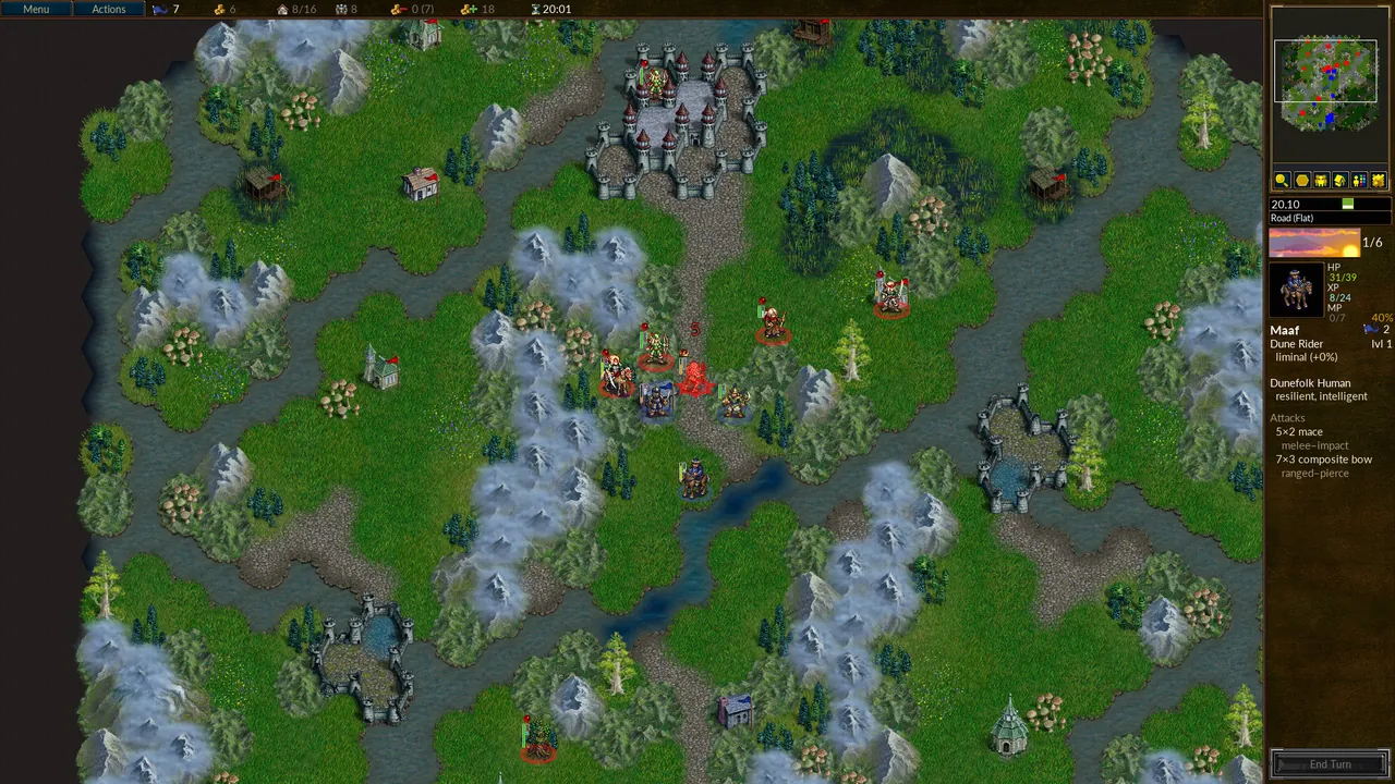 A Battle for Wesnoth battle on a hex map