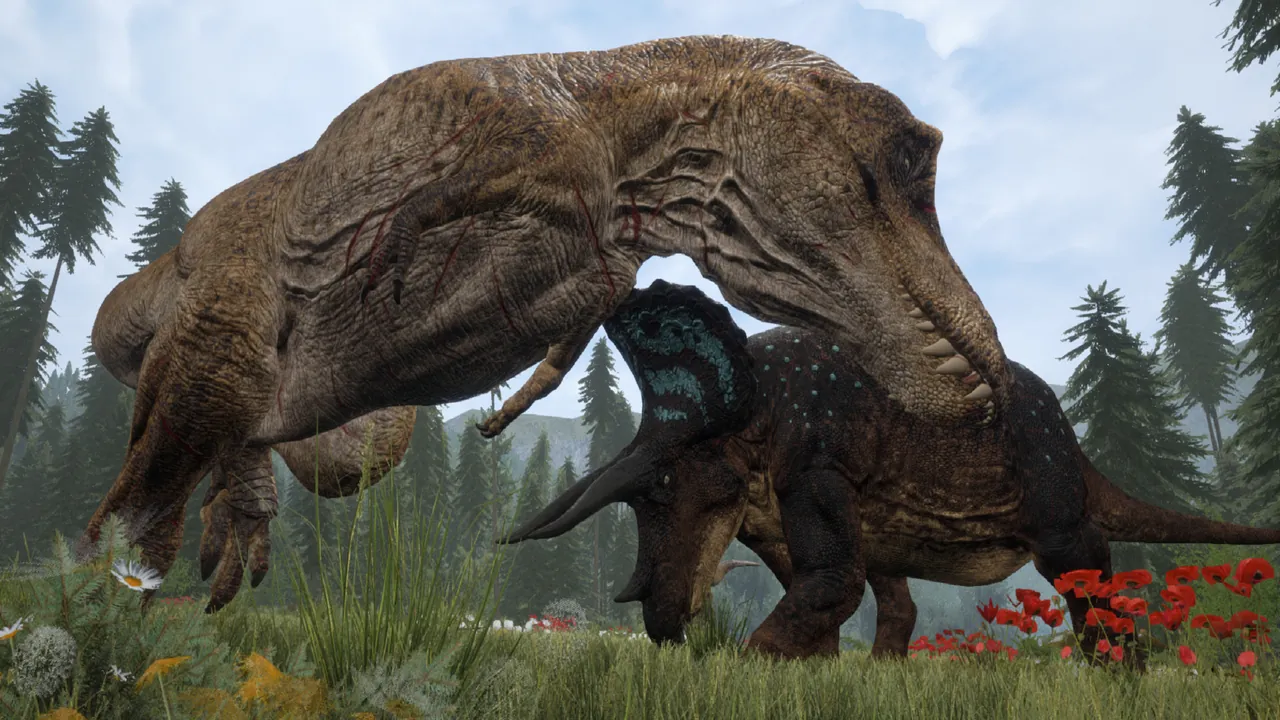 Dinosaurs crossing a river on The Isle Evrima community server