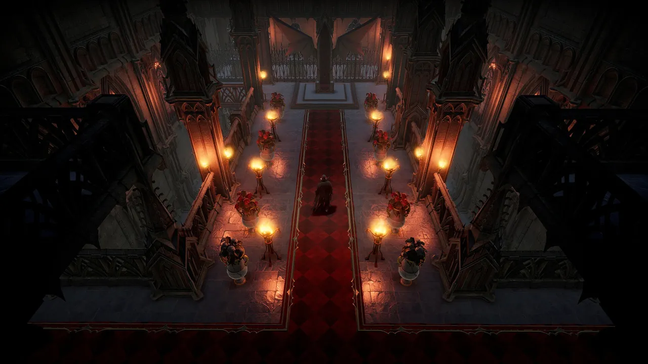 A vampire castle in V Rising with servants and blood altars at night