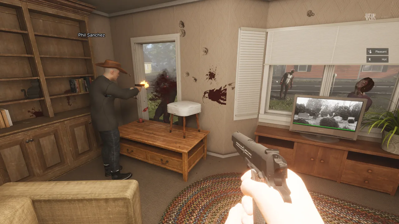 Two VEIN survivors shooting infected through the window of a suburban living room