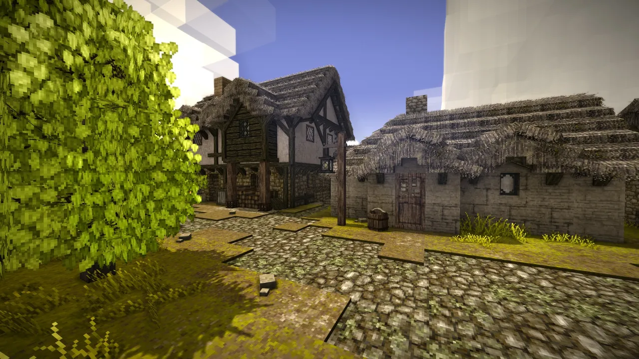 A Vintage Story settlement with fields and timber buildings on a multiplayer server