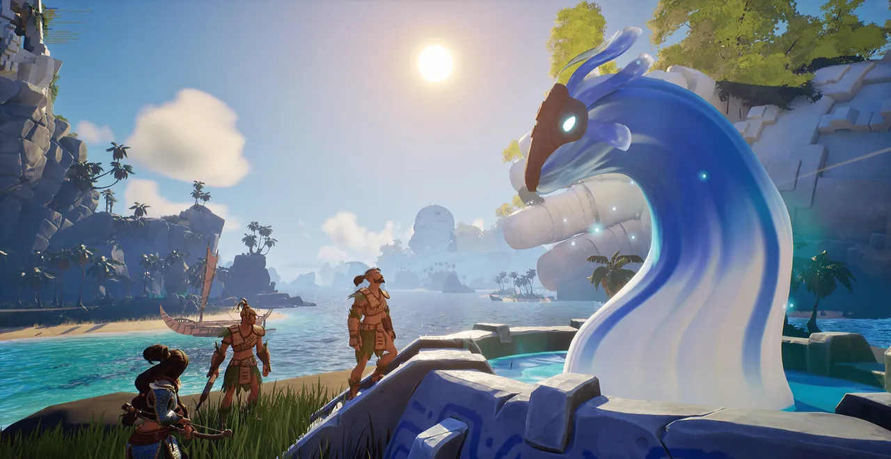 A Voyagers of Nera crew on a tropical beach next to a giant blue water spirit statue