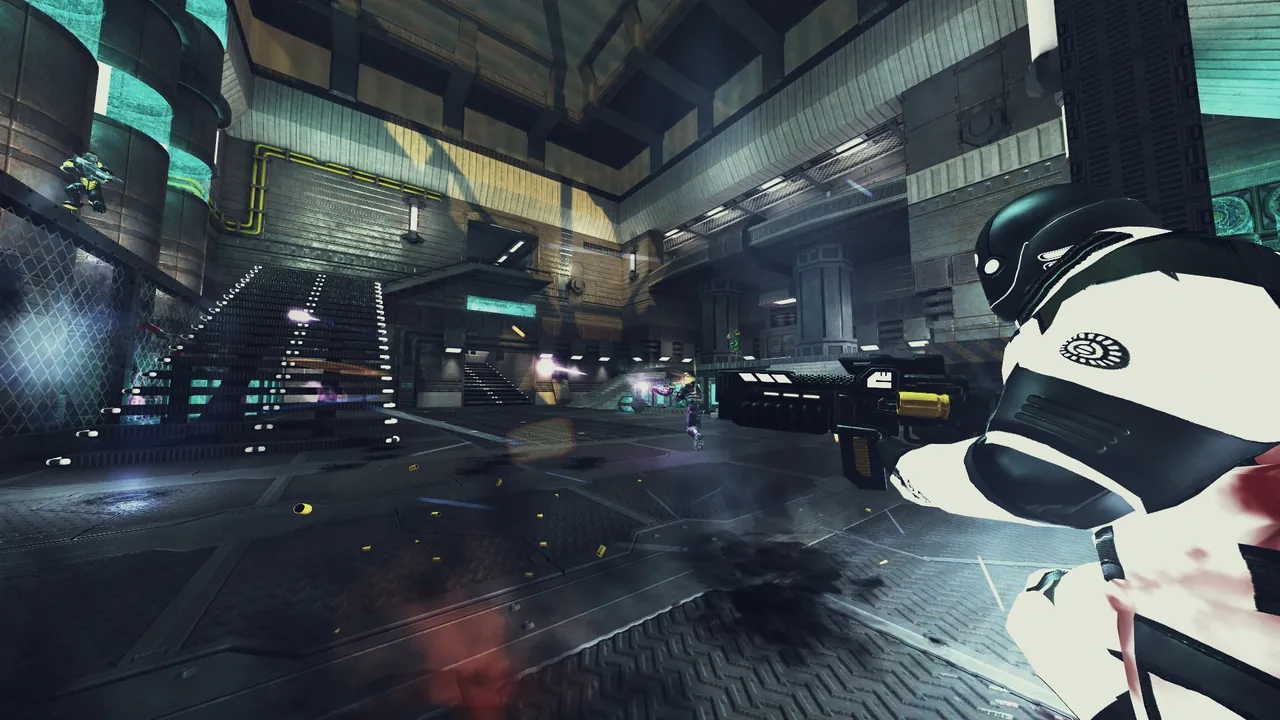 A Xonotic arena with a player mid jump