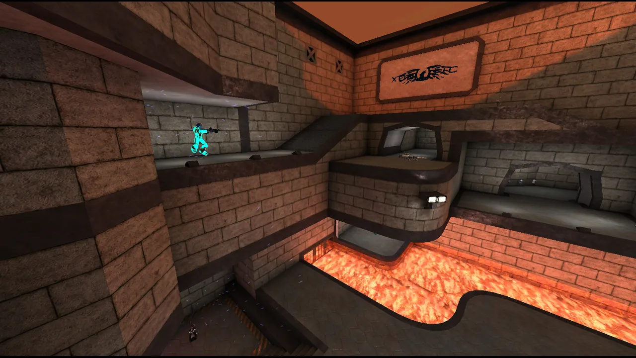 A Xonotic player firing in an arena