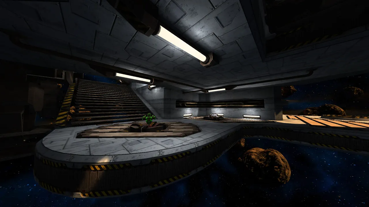 A Xonotic map with neon lighting